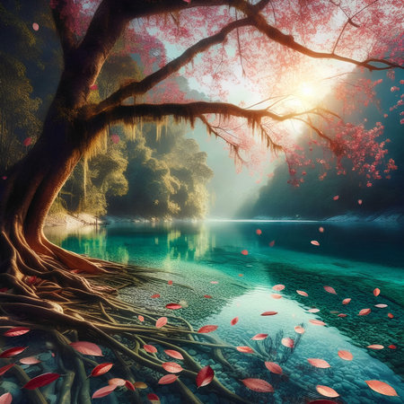 Magic forest lake with fog and trees in the morning. 3d renderの素材