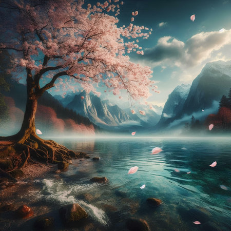 Cherry blossom on lake and mountains in the background, digital paintingの素材