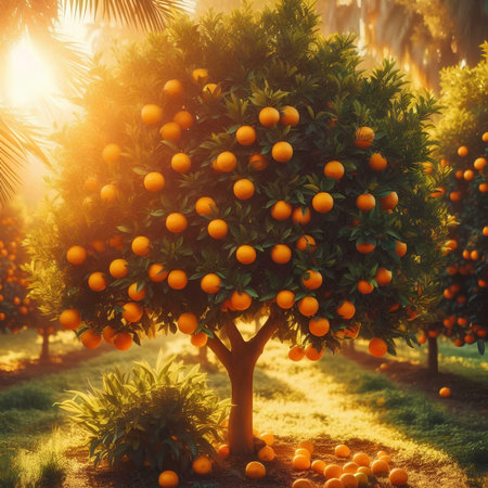 Orange tree with ripe oranges in the garden. Tangerine orchardの素材