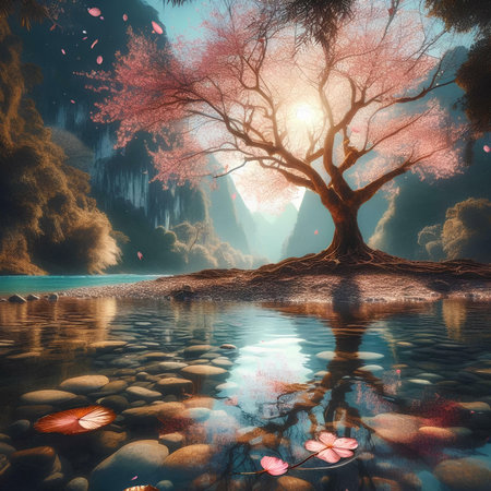 Fantasy landscape with a tree in the water, 3d renderの素材