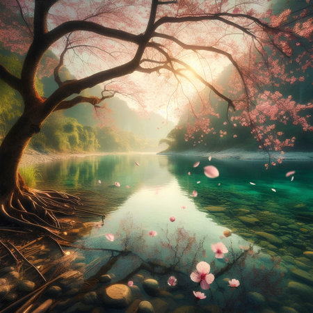 Beautiful spring landscape with blooming sakura tree and lake.の素材