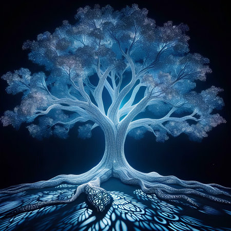 3d rendering of a fantasy tree in blue and white with beautiful patternsの素材