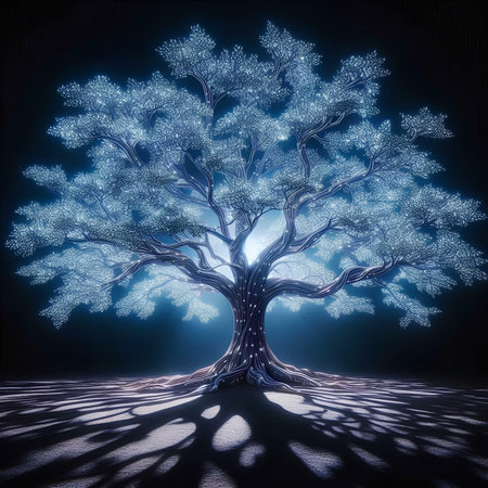 Fantasy tree with blue lights on dark background. 3D renderingの素材