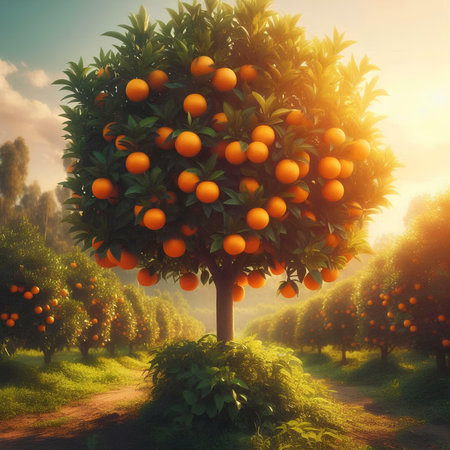 Orange tree in the garden at sunset. 3d render illustration.の素材