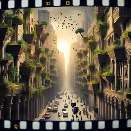Film strip with cityscape. 3d render. Vintage style.の素材