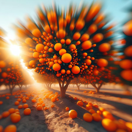 Orange tree in the field at sunset. 3d render. Conceptual image.の素材