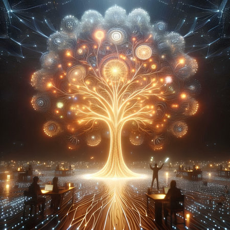 Fractal tree with people in the city. 3D renderingの素材