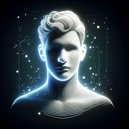 Artificial intelligence concept. 3d illustration. Human face made of digital elements.の素材