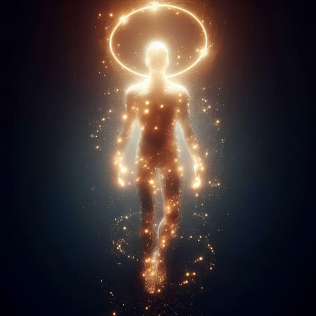 Human body surrounded by glowing lines and circles. 3D rendering.の素材