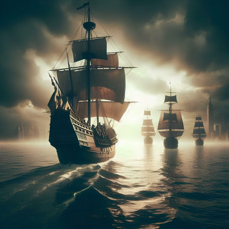 Sailing ships in the sea at sunset. 3D render.の素材