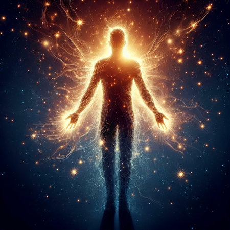 Fractal illustration of human body with glowing energy and stars backgroundの素材
