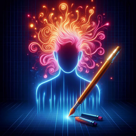 Abstract human head with pencil and colorful lights on dark background vector illustrationの素材