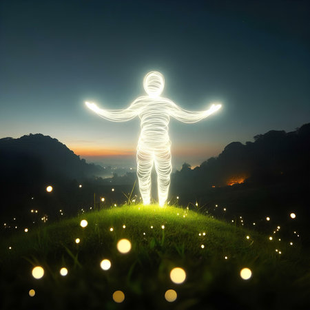 Man made of glowing lights in the dark. 3d rendering.の素材