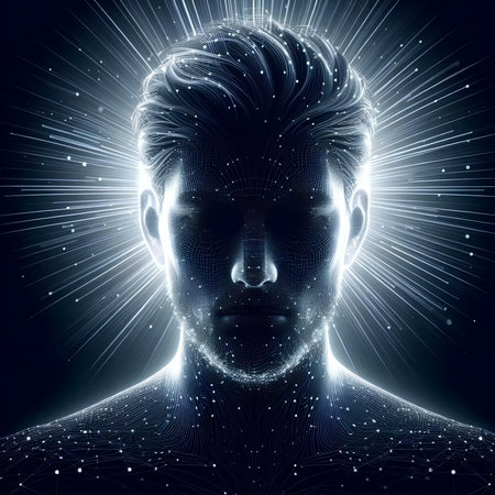3D rendering of a male face with glowing particles on a dark backgroundの素材