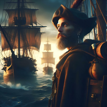 Portrait of a pirate on the background of the old ship.の素材