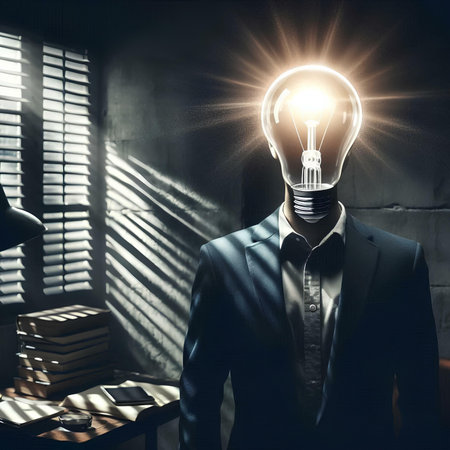 Businessman with glowing light bulb instead of head. Idea concept.の素材
