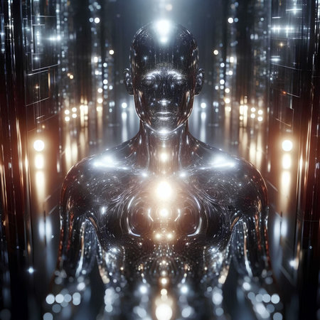 3D rendering of a reflective robot in a futuristic space with lightsの素材