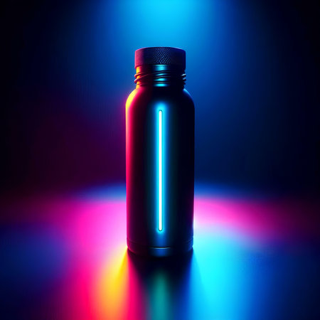 Bottle with neon light on a dark background. 3d renderingの素材