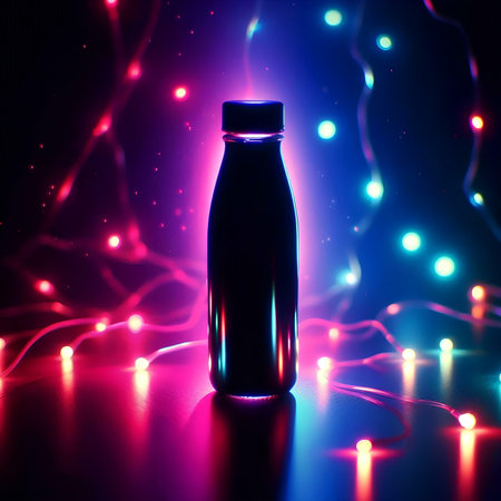 Glass bottle with a drink on a background of glowing neon lights.の素材