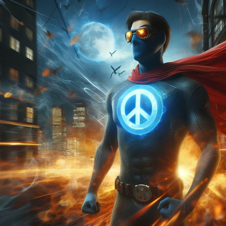 superhero with red cape and peace symbol in his hands. 3d renderingの素材