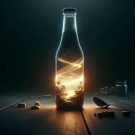 3d illustration of a bottle of rum on a wooden table with a blurred backgroundの素材