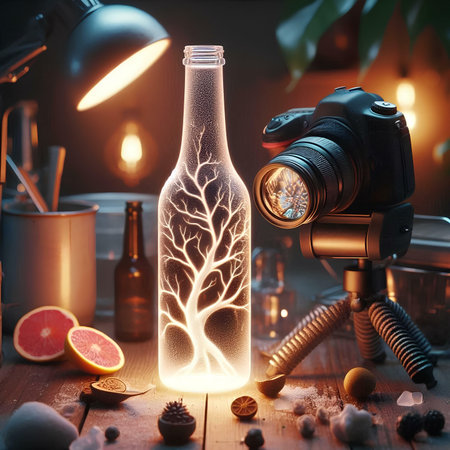 Vintage photo camera and bottle with magic elixir. Halloween concept.の素材