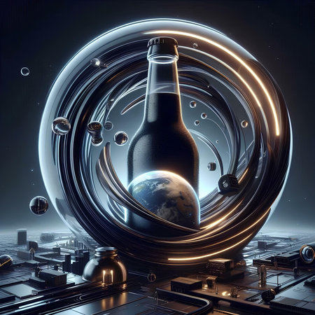 3D rendering of a bottle of wine with a planet inside.の素材