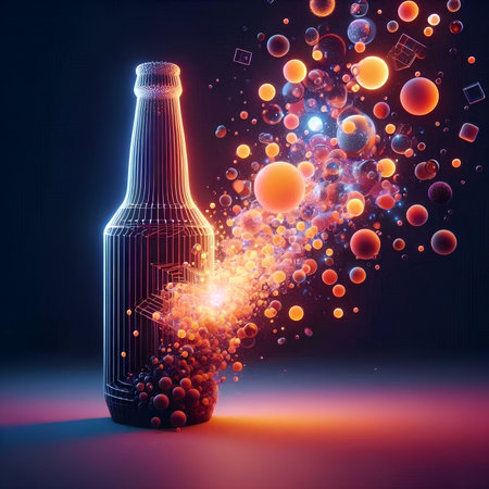 Bottle of beer with explosion and particles. 3d illustration.の素材