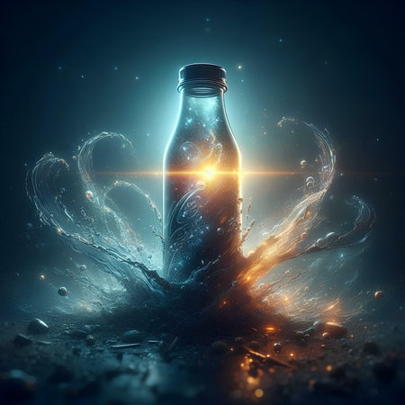 Glass bottle with water splashes on dark background. 3D renderingの素材