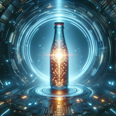 3d rendering of a bottle of beer on a futuristic background.の素材