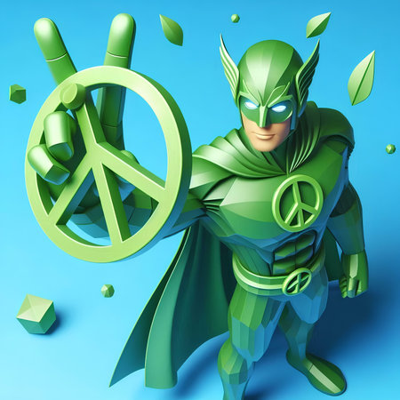 Green superhero with peace sign on blue background. 3D illustration.の素材