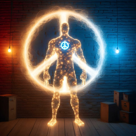 3D rendering of a human body with a glowing peace symbol.の素材