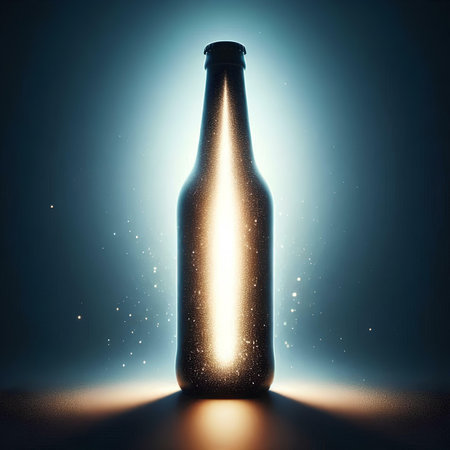 Empty beer bottle on a dark background with lights and shadows. 3d renderingの素材
