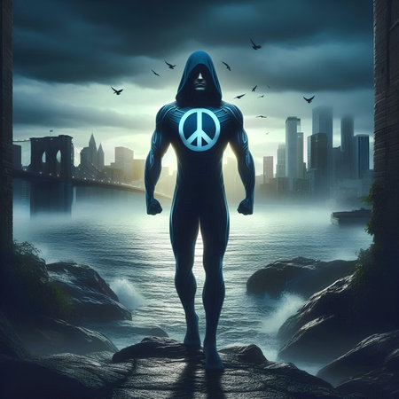Cyborg with peace sign on the background of the city. 3d renderの素材
