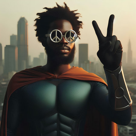 African american man with afro hairstyle wearing superhero costume showing victory gesture. 3D Renderingの素材