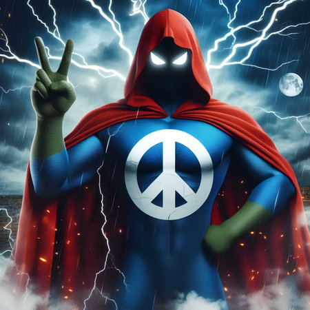 Superhero with peace sign in the sky. 3d illustration.の素材