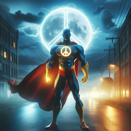 superhero with the symbol of peace in his hands. 3d renderingの素材
