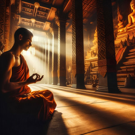 Buddhist monk meditating in the hall of the temple.の素材