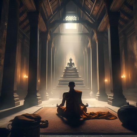 Buddhist monk meditating in front of a stupaの素材