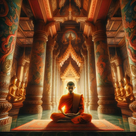 Buddhist monk meditating in the hall of the temple.の素材