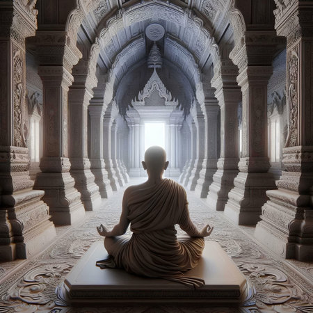 Buddhist monk meditating in the temple, 3d renderingの素材