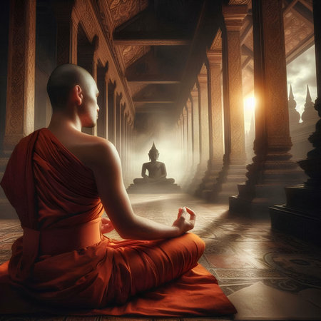 Buddhist monk meditating in the ancient temple. 3D renderingの素材