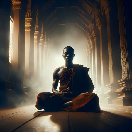 Buddhist monk sitting on the wooden floor in the temple.の素材