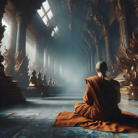 Buddhist monk sitting in the temple with fog and light.の素材