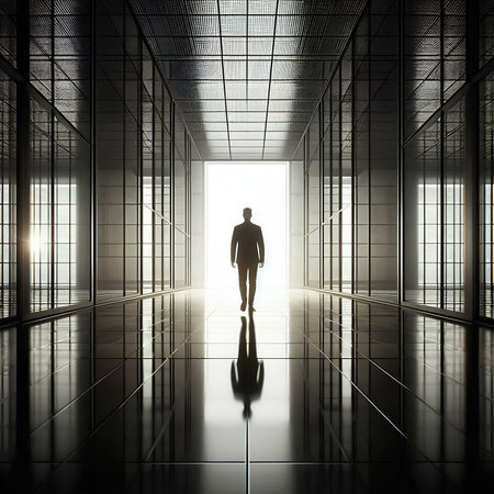 Silhouette of a businessman standing in an office corridor. 3D renderingの素材