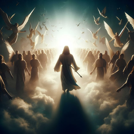 Jesus Christ in the sky with clouds and birds. 3d renderingの素材