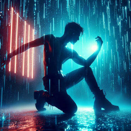 Young couple dancing in the rain. Disco style. Nightlife.の素材