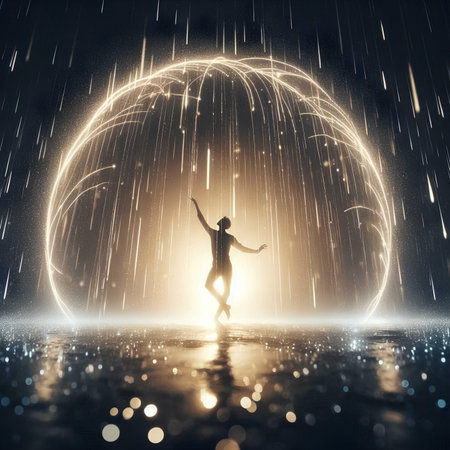 Silhouette of a dancing girl in the rain. Mixed mediaの素材