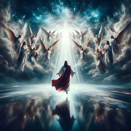Jesus Christ with the flock of angels. 3D illustration. fantasyの素材