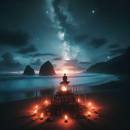 Man praying on the top of the mountain in the sea at nightの素材